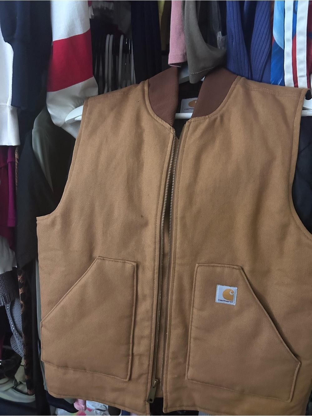 Carhartt Tan Canvas Work Vest with Rib-Knit Collar